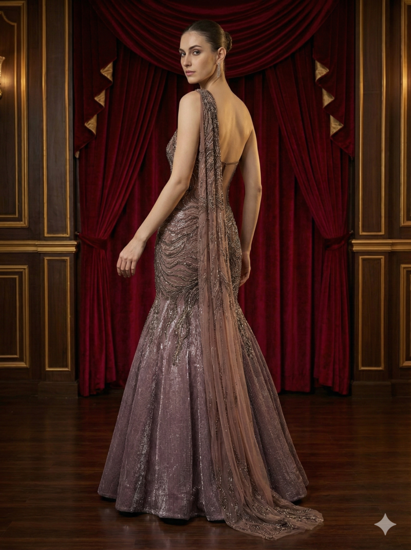 Mauve Shimmer One Shoulder Gown