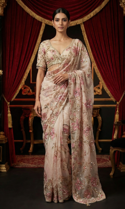 Soft Rose Floral Saree