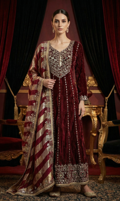 Regal Maroon Velvet Anarkali