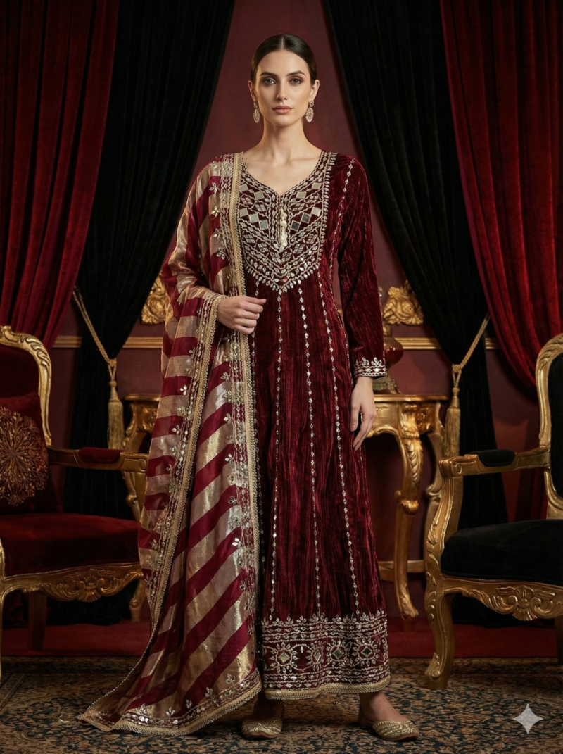 Regal Maroon Velvet Anarkali