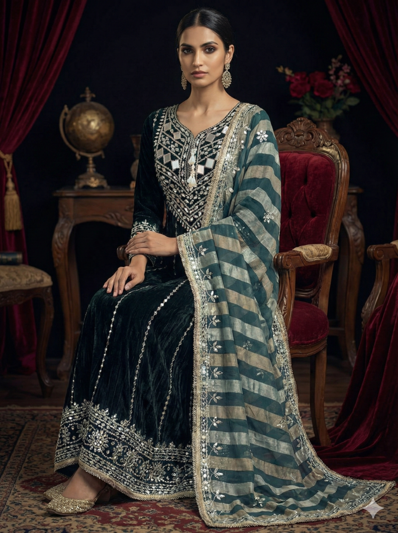 Regal Emerald Velvet Anarkali
