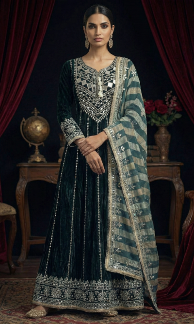 Regal Emerald Velvet Anarkali