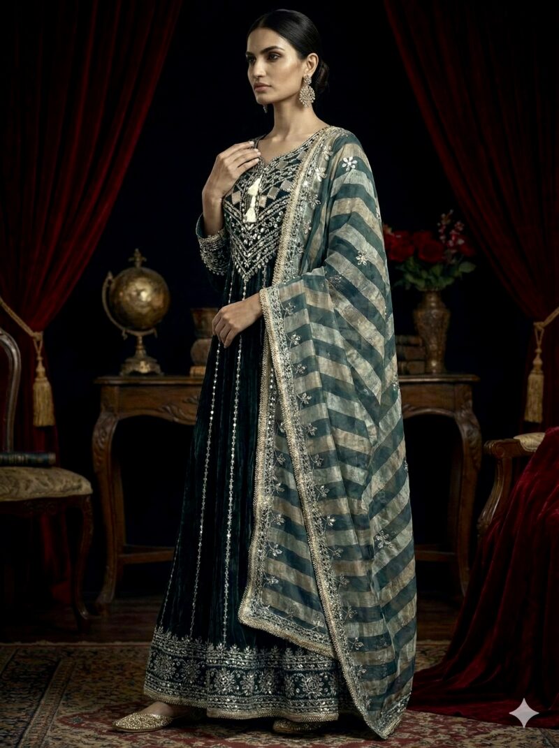 Regal Emerald Velvet Anarkali