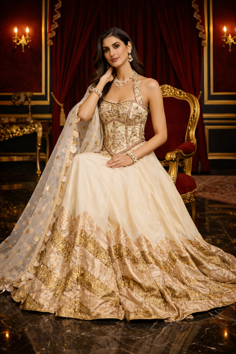 Luxury Ivory Gold Halter neck Lehenga