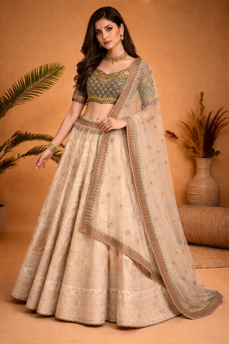 Classic Ivory Lehenga Set with Detailed Blouse