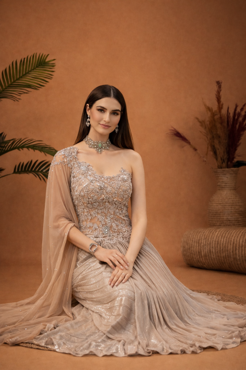 Embellished Indo-Western off Shoulder Cape Set