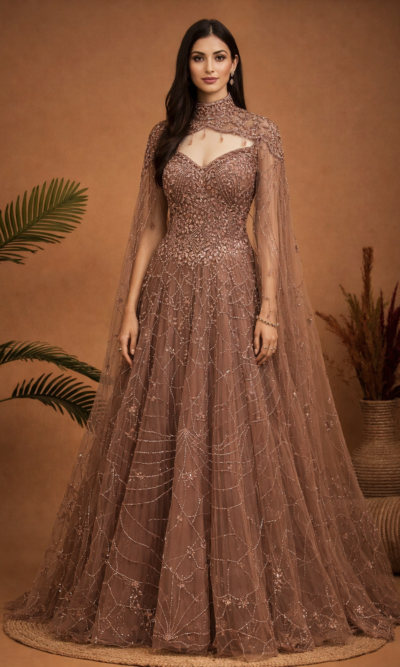 Elegant Embroidered Net Gown