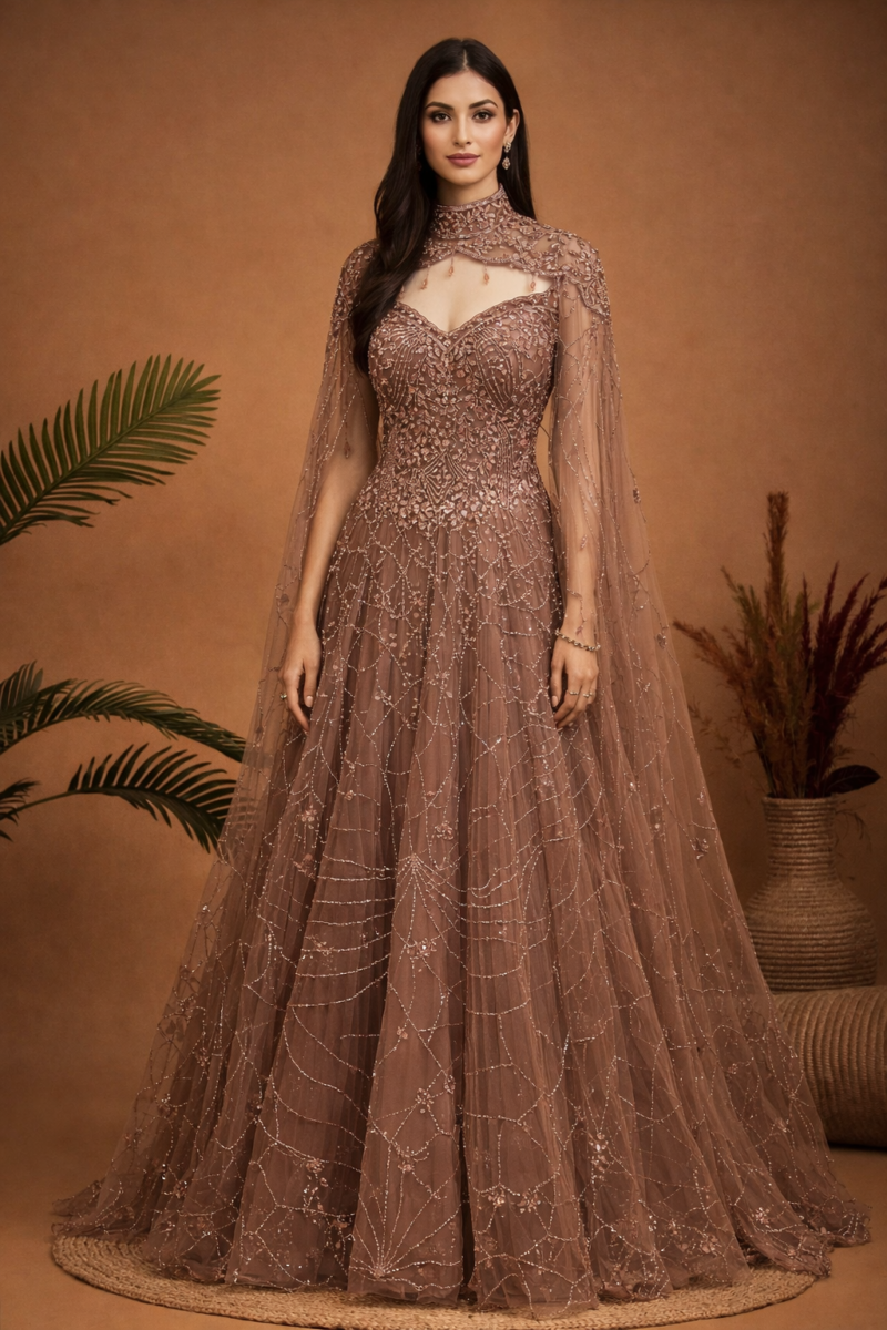 Elegant Embroidered Net Gown