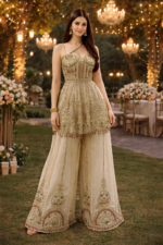 Champagne Gold Embroidered Peplum Palazzo