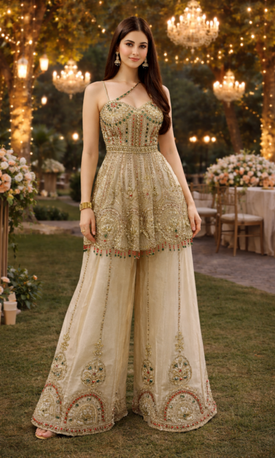 Champagne Gold Embroidered Peplum Palazzo