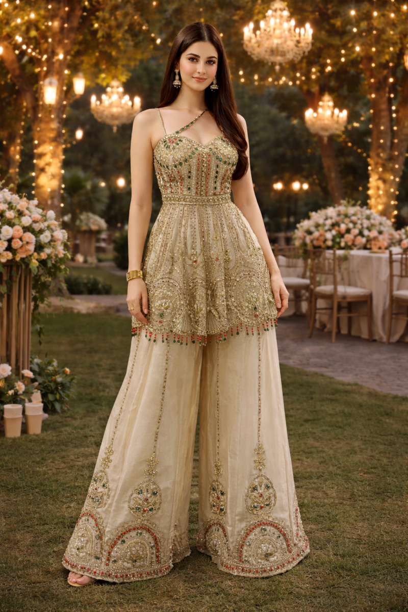 Champagne Gold Embroidered Peplum Palazzo