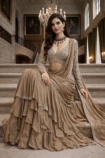 Taupe Gold Embellished Pre-Draped Saree