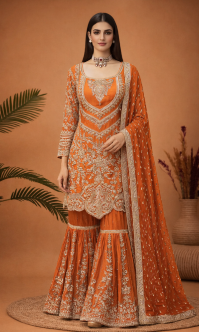 Royal Rust Embroidered Gharara Sets