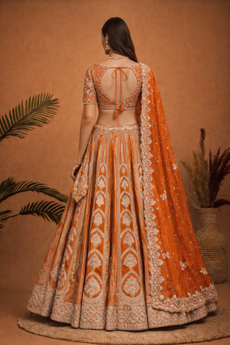 Orange Embroidered Lehenga Set