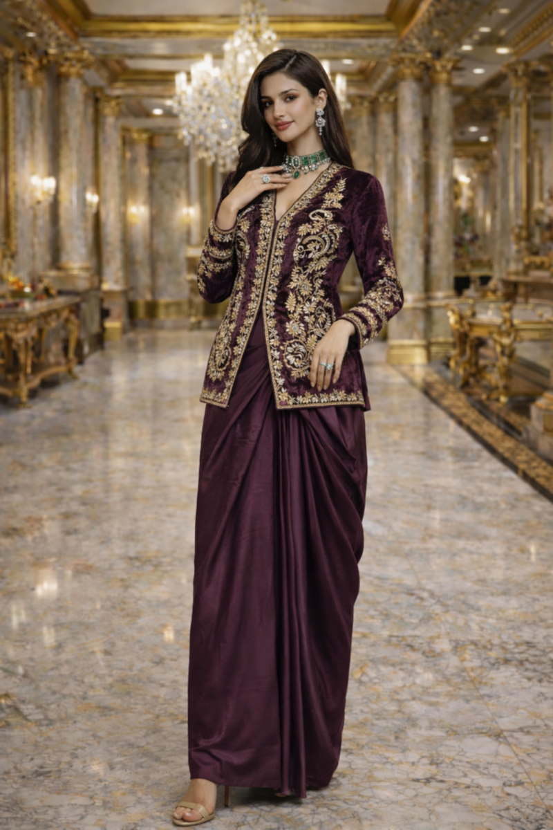 Embroidered Jacket Drape Skirt Indo-Western Set