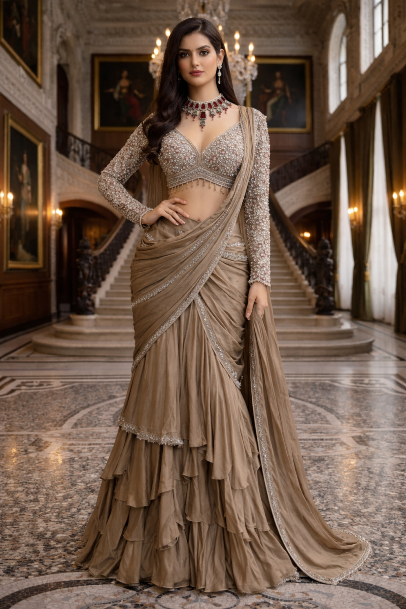 Taupe Gold Embellished Pre-Draped Saree