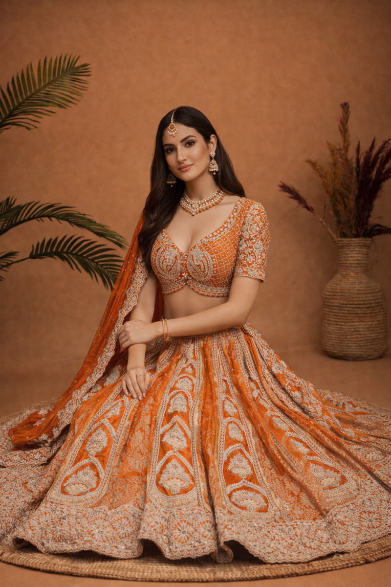 Orange Embroidered Lehenga Set