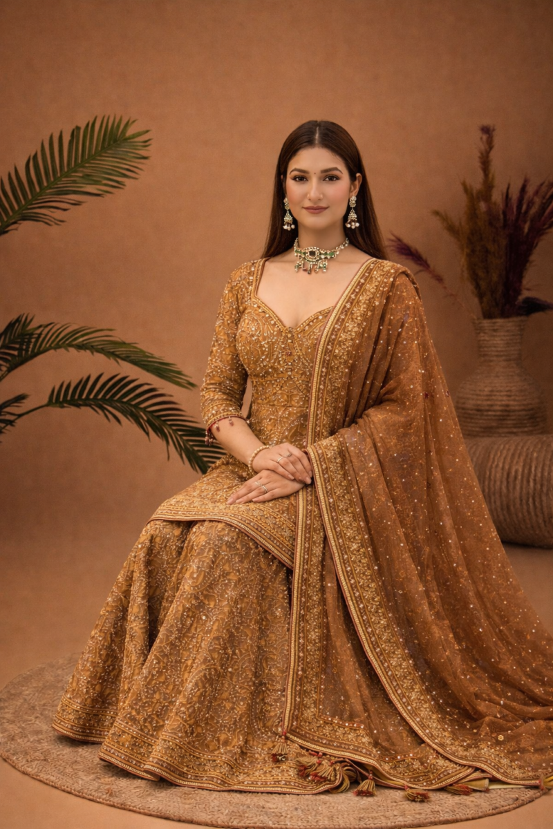 Festive Ready Sharara Suit in Golden Tone