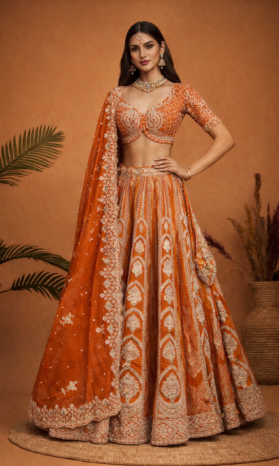 Orange Embroidered Lehenga Set