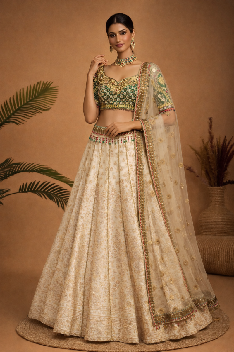 Classic Ivory Lehenga Set with Detailed Blouse