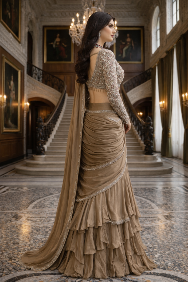 Taupe Gold Embellished Pre-Draped Saree