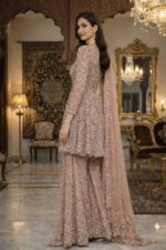 Blush Peach Embroidered Palazzo Suit