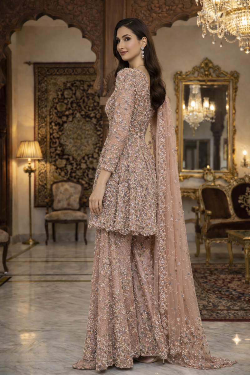 Blush Peach Embroidered Palazzo Suit