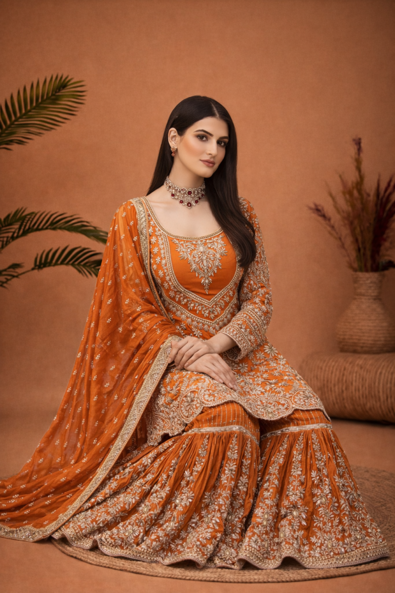 Royal Rust Embroidered Gharara Sets