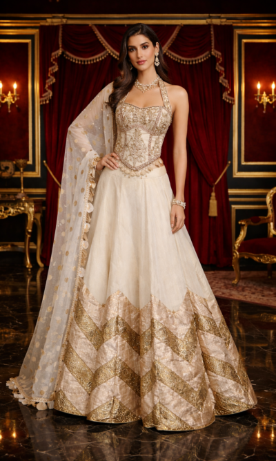 Luxury Ivory Gold Halter neck Lehenga