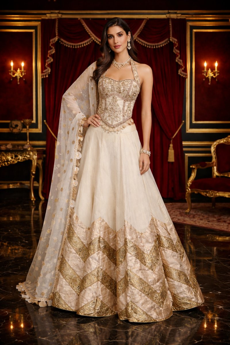 Luxury Ivory Gold Halter neck Lehenga