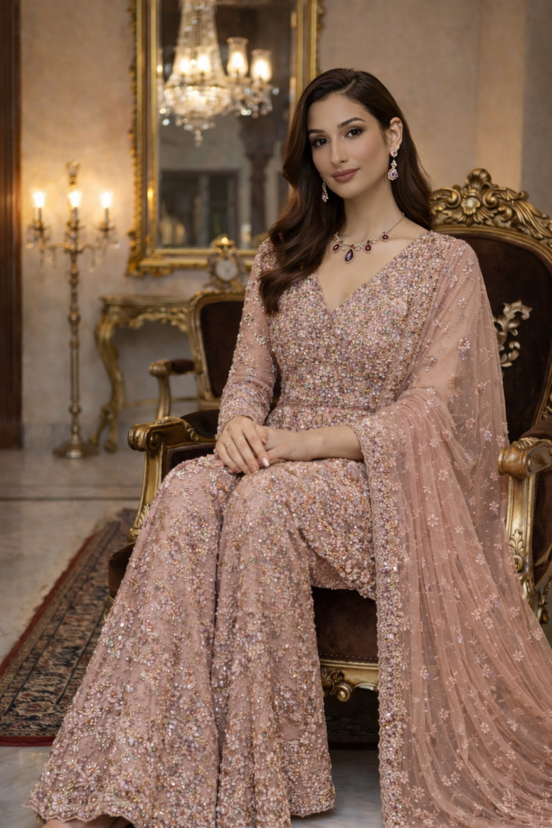 Blush Peach Embroidered Palazzo Suit