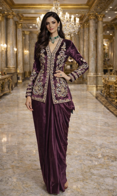 Embroidered Jacket Drape Skirt Indo-Western Set