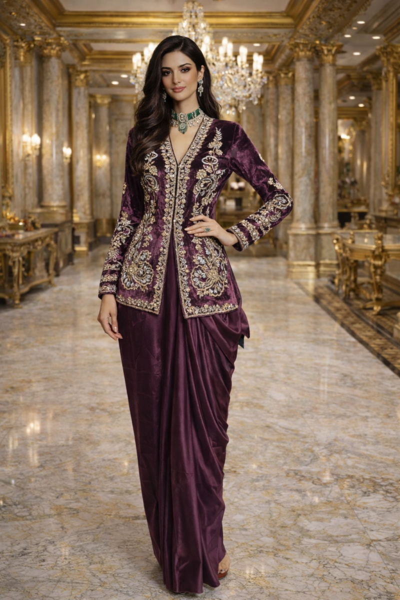 Embroidered Jacket Drape Skirt Indo-Western Set