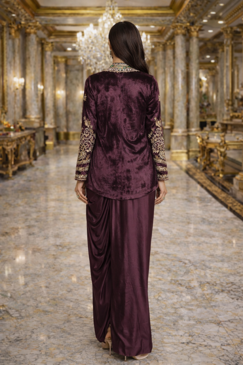 Embroidered Jacket Drape Skirt Indo-Western Set