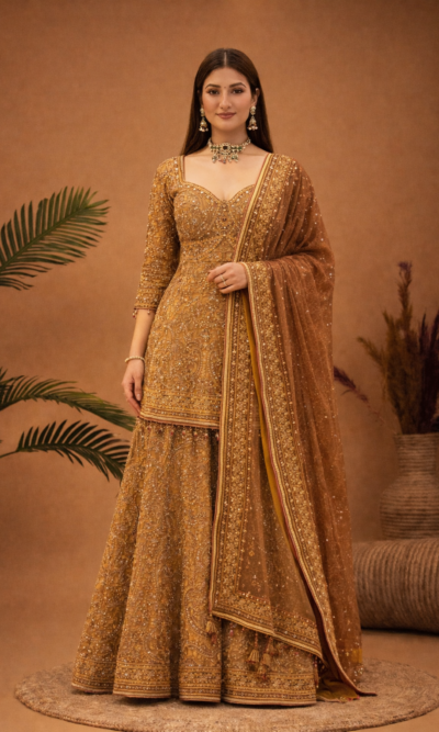 Festive Ready Sharara Suit in Golden Tone