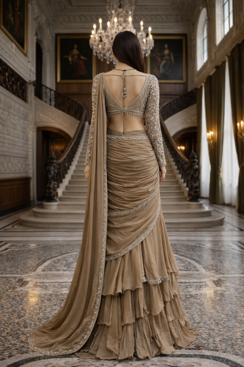 Taupe Gold Embellished Pre-Draped Saree