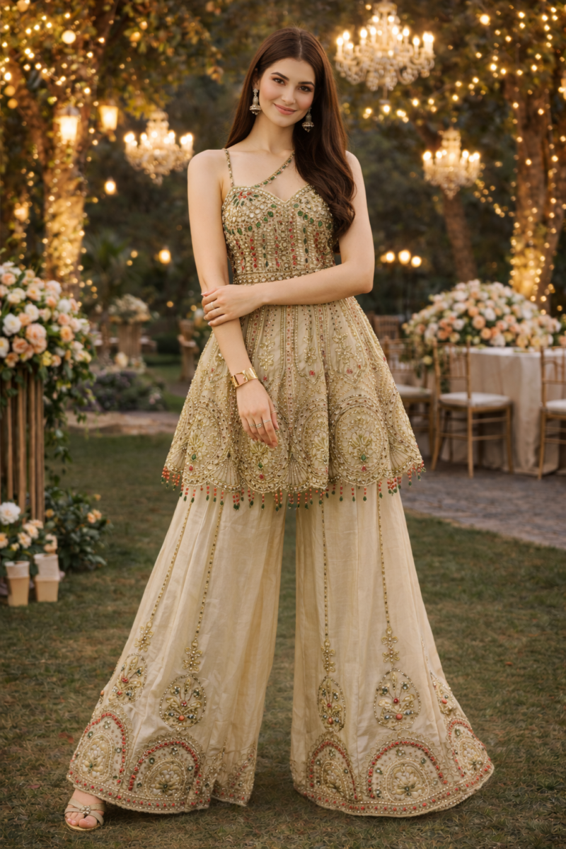 Champagne Gold Embroidered Peplum Palazzo