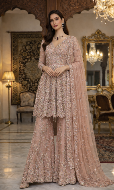 Blush Peach Embroidered Palazzo Suit