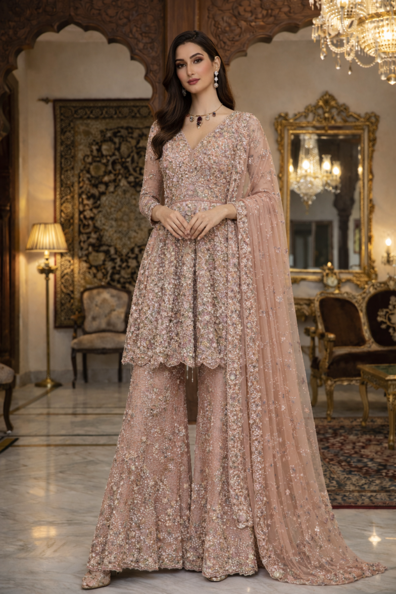 Blush Peach Embroidered Palazzo Suit