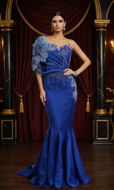 One-Shoulder Floral Embellished Gown