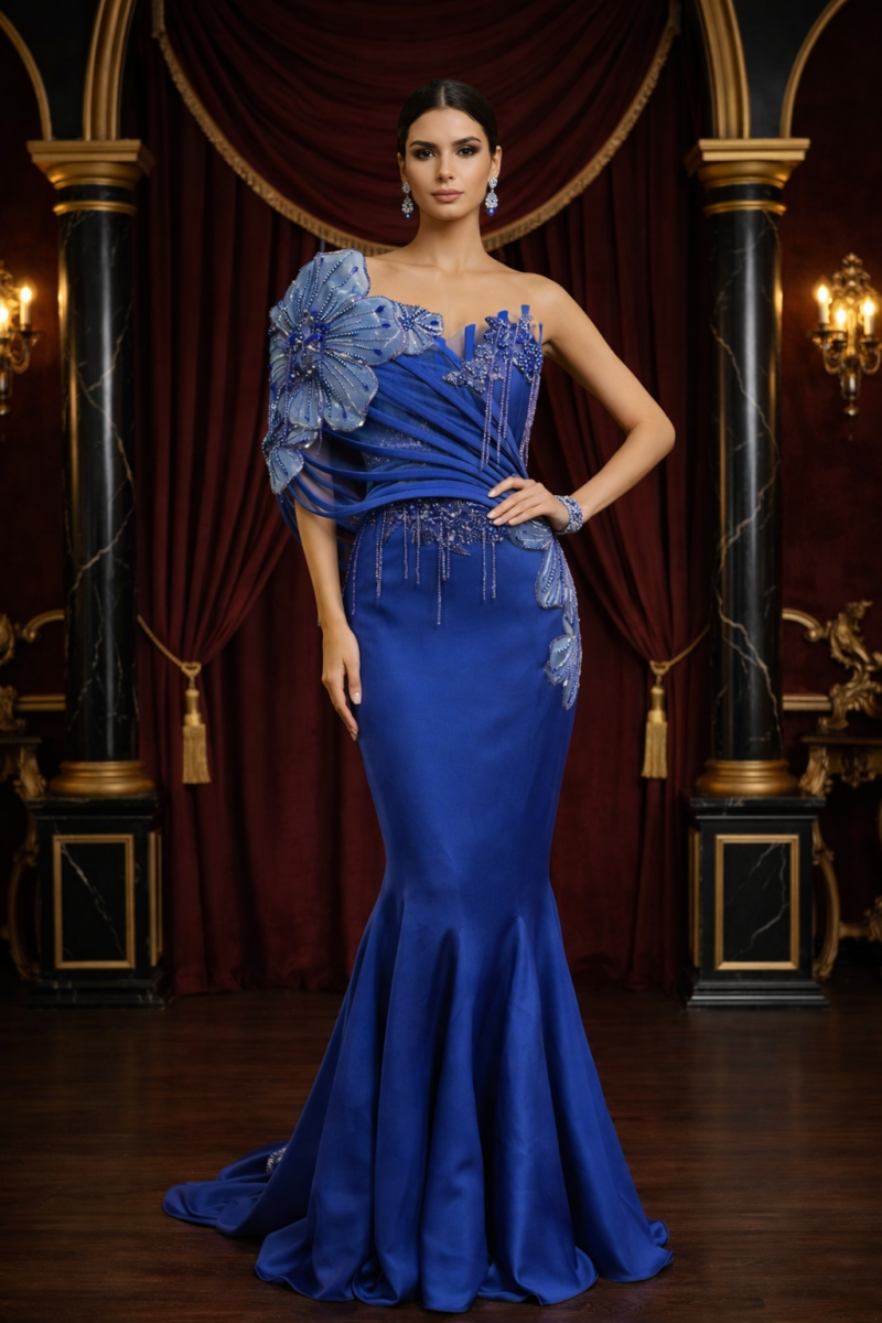 One-Shoulder Floral Embellished Gown