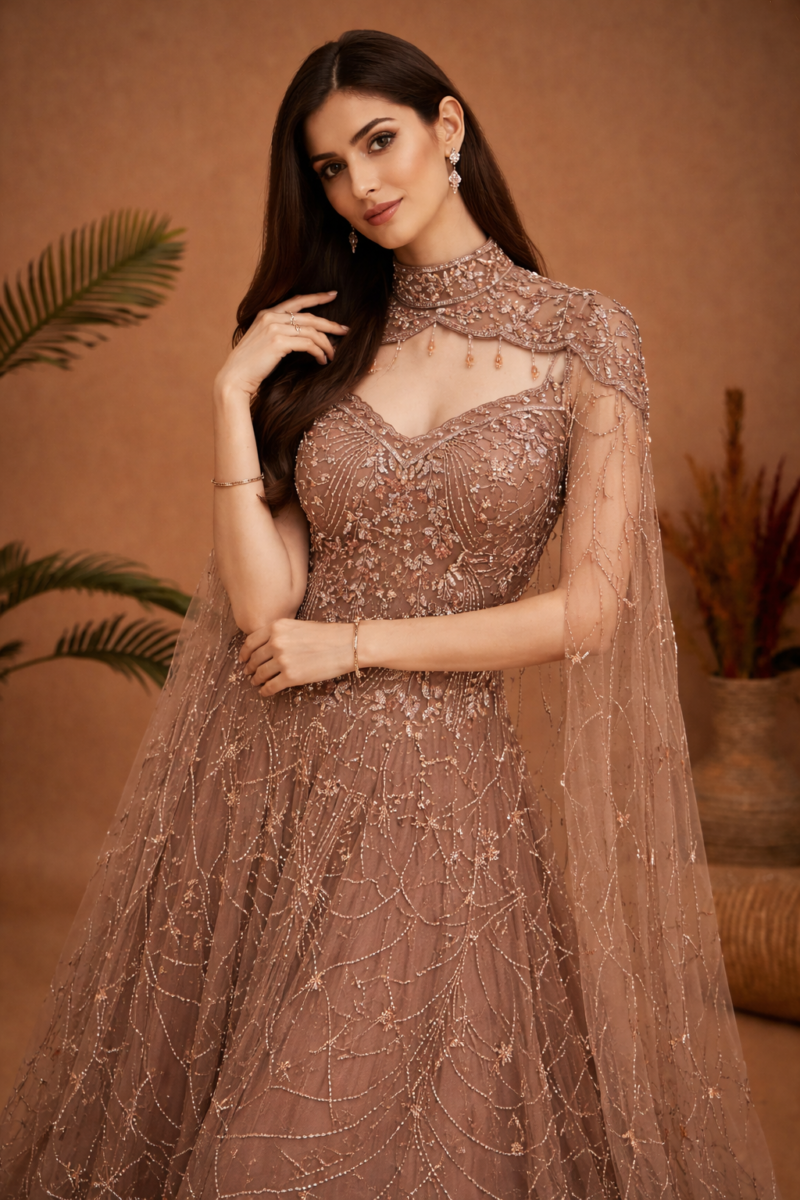 Elegant Embroidered Net Gown