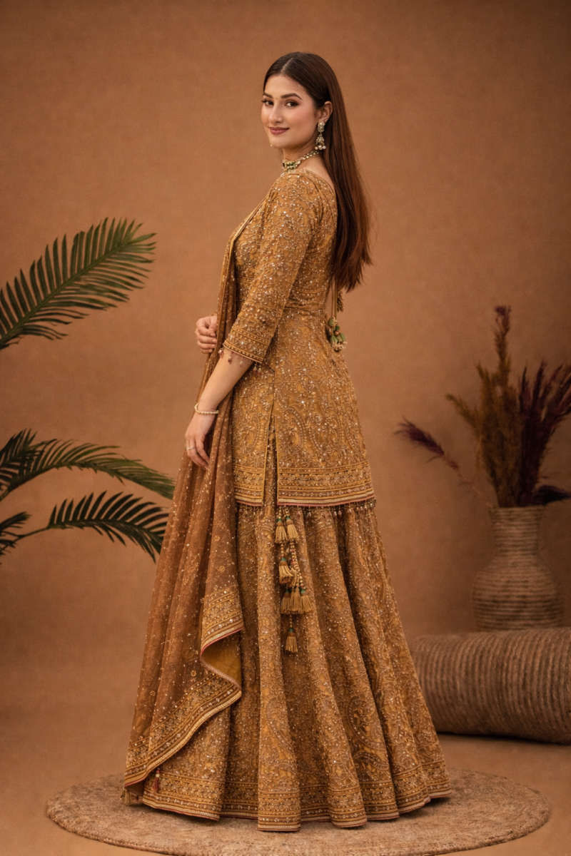 Festive Ready Sharara Suit in Golden Tone