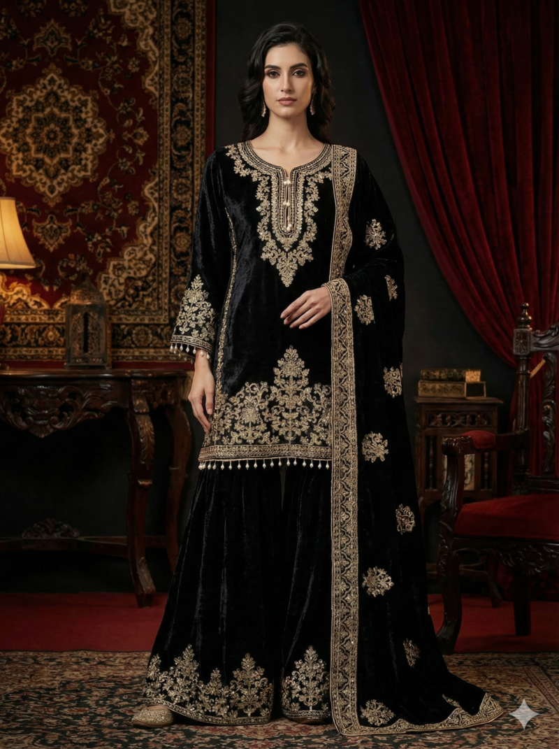 Black Gold Velvet Embroidered Suit