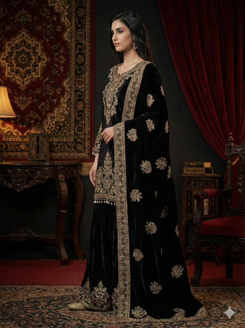 Black Gold Velvet Embroidered Suit