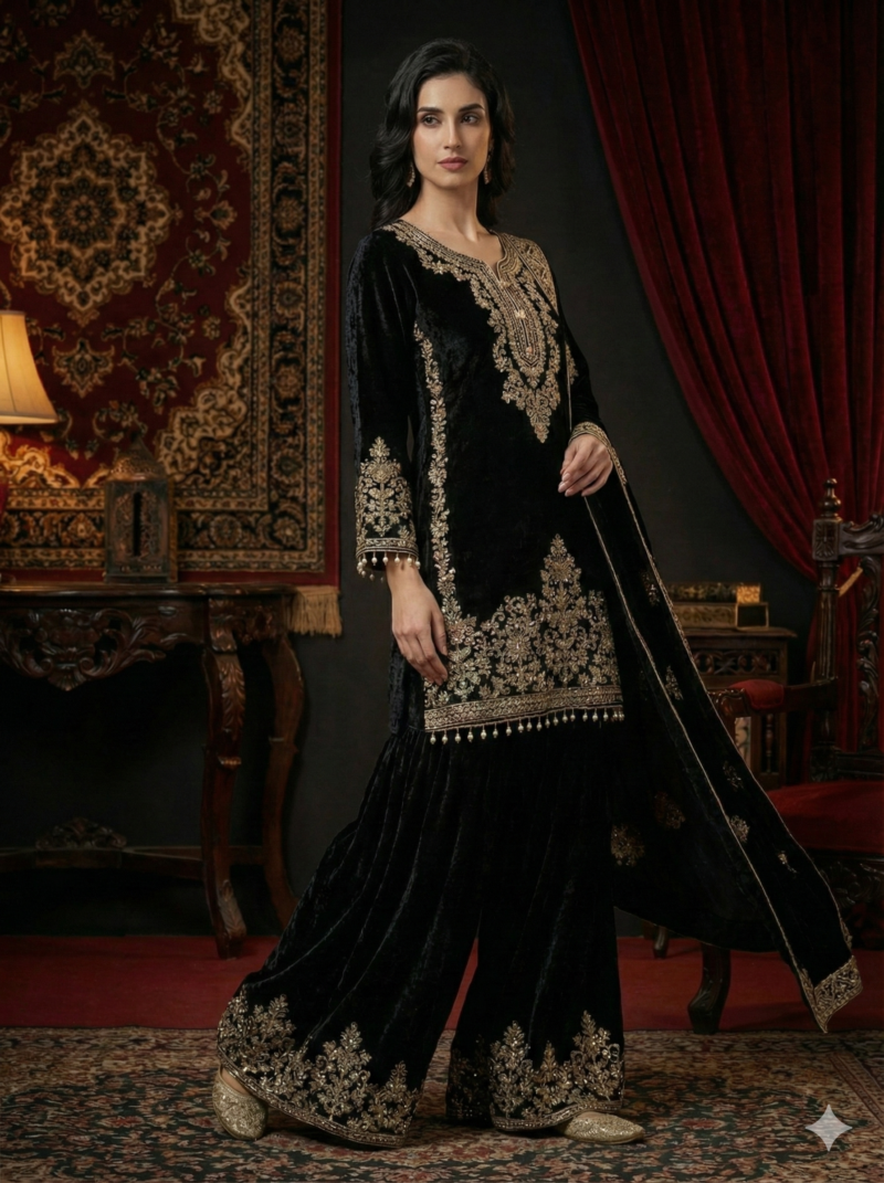 Black Gold Velvet Embroidered Suit