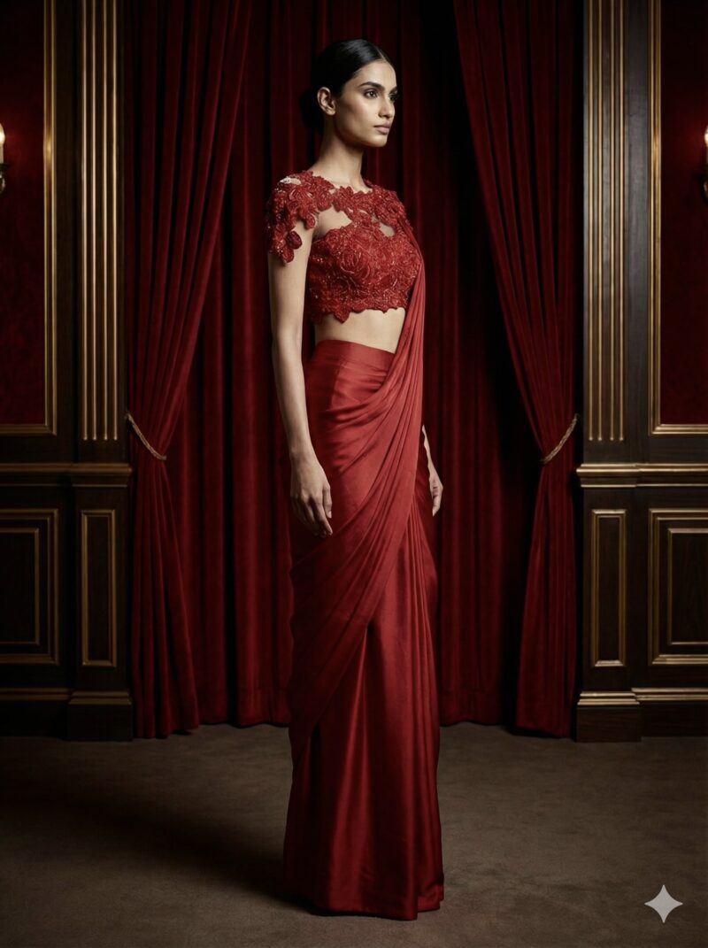 Crimson Lace Drape Saree