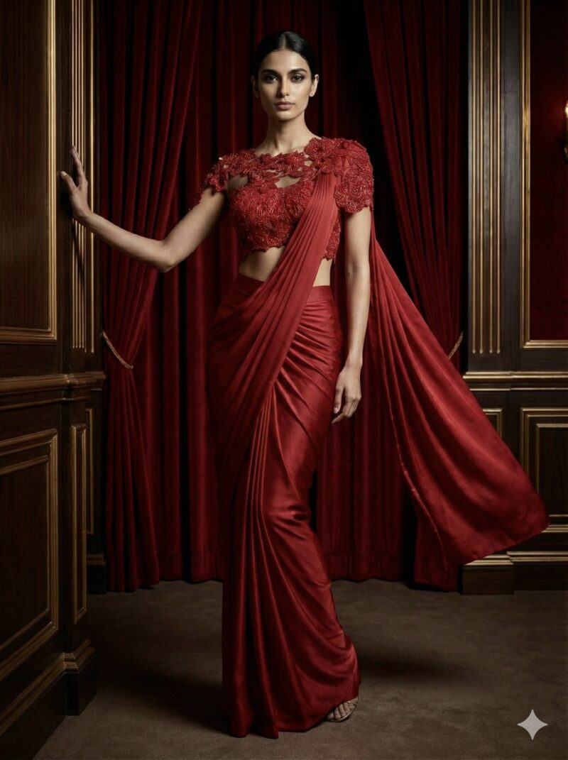 Crimson Lace Drape Saree