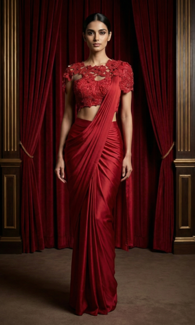 Crimson Lace Drape Saree
