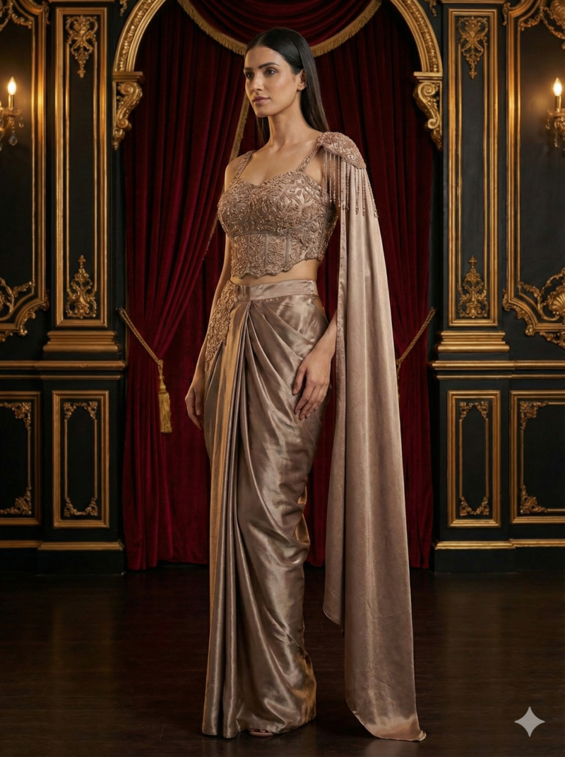 Champagne Draped Embroidered Elegance